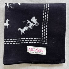 Vintage Black Cotton Handkerchief White Horse-Drawn Carriage Pocket Square 16" P