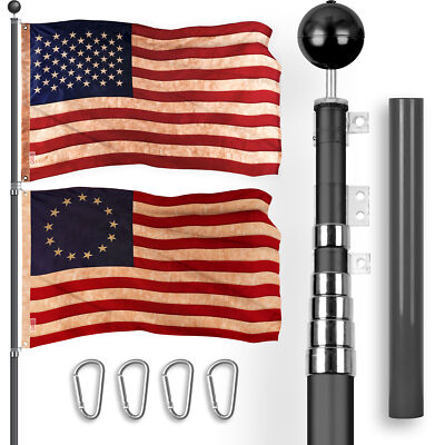 20 Ft Telescoping Flagpole Black & USA and Betsy Ross TS Flags Emb 300D 3x5Ft