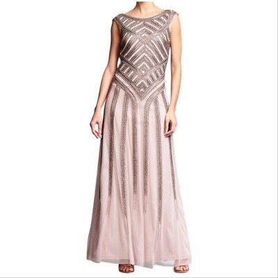Aidan Mattox Beaded Sleeveless Boat Neck Mesh Gown, Light Mink,