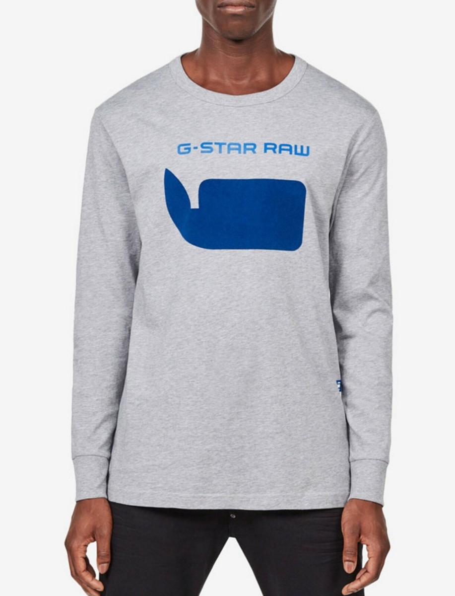 G-Star RAW Men's Grey Heather Seii Logo Crew-Neck Long Seeve T
