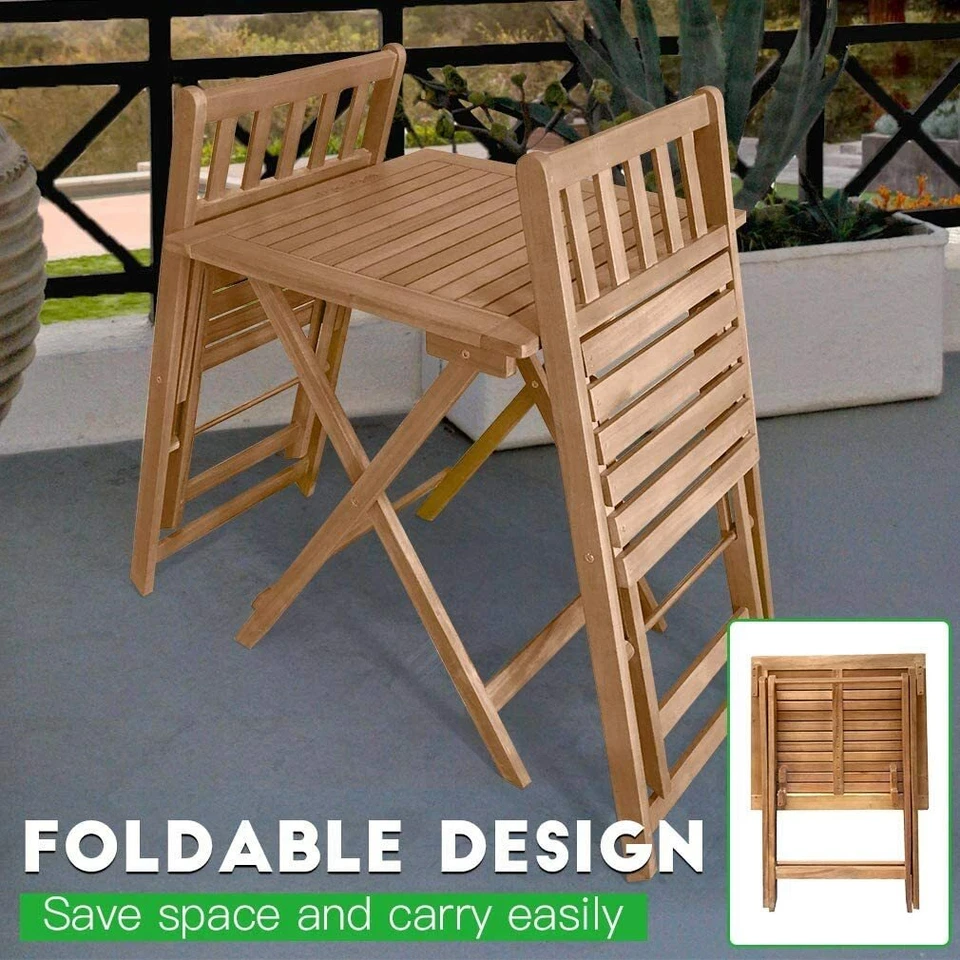 3-Piece Acacia Wood Folding Patio Bistro Table and Chairs Set, Natural Oiled - Image 4 of 4