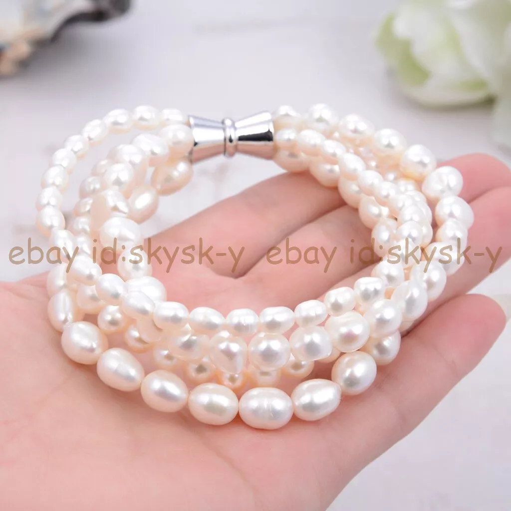 4 Strands Natural White Freshwater Cultured Pearl Bracelet 8