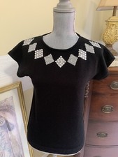 Vintage Gladys Bagley Black Sweater w Silver Triangular Sequined Neckline Size S