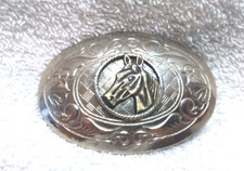 Silver Engraved Oval Buckle Gold Open Horse Head Center Great Vintage USA Made