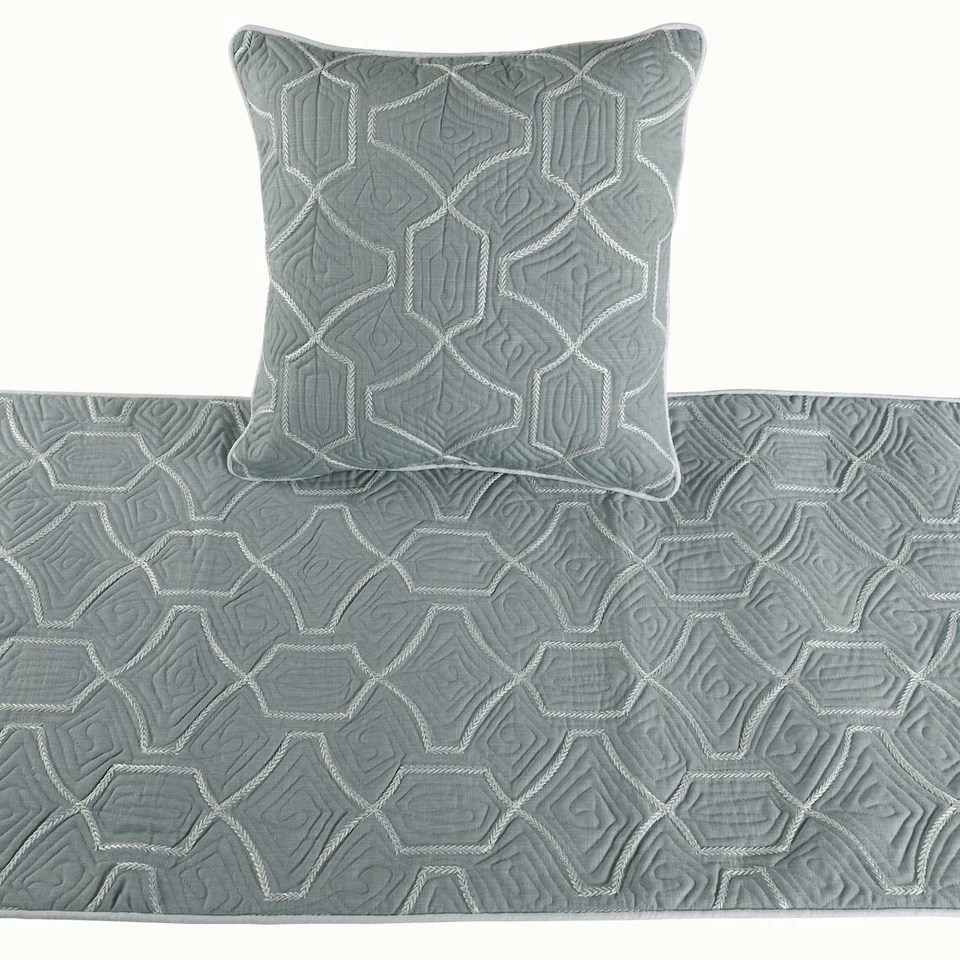 Decorative Queen Bed Runner Blue Gray, Quilted Embroidery Linen - Atmosphere - Image 2 of 4