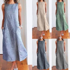 8-18 Women Cotton Linen Sleeveless Dress Ladies Summer Casual Crew Neck Sundress
