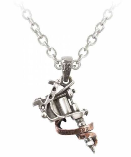Alchemy Gothic 21" Two-Tone Polished Pewter & Bronze Scroll Tattoo Gun Pendant - Picture 1 of 5