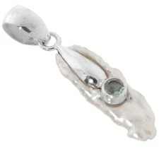 925 Silver Biwa Freshwater Stick Pearl Blue Topaz Sterling Pendant, 1 1/2"