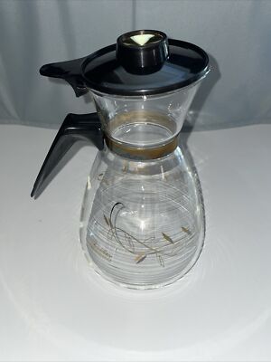 Vintage Flameproof Clear Glass Beverage Coffee Carafe - Tricolette - Gold Vines
