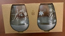 Boston Warehouse Stemless Goblet Set Silver Glitter and Snowflakes New in Box