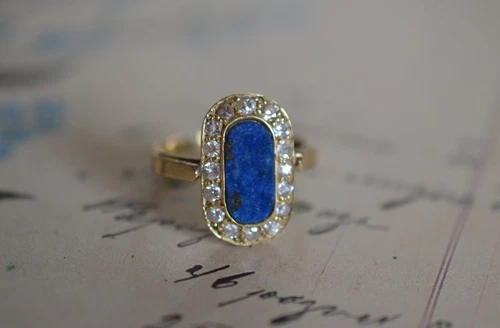 Antique Art Deco 18k Yellow Gold Diamond and Lapis Lazuli Ring 4.1 Gr