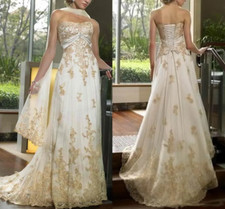 Retro Ivory And Gold Strapless Lace Wedding Dresses Bridal Gowns Appliques