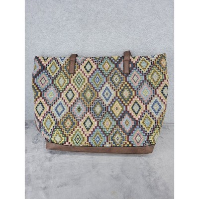Bueno Collection Geometric Tapestry Tote Bag Brown Faux Leather Large