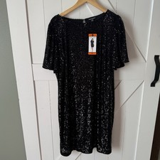 BLACK SEQUINED DRESS Hilary Radley stretch Lined Short Sleeve Keyhole Formal NEW