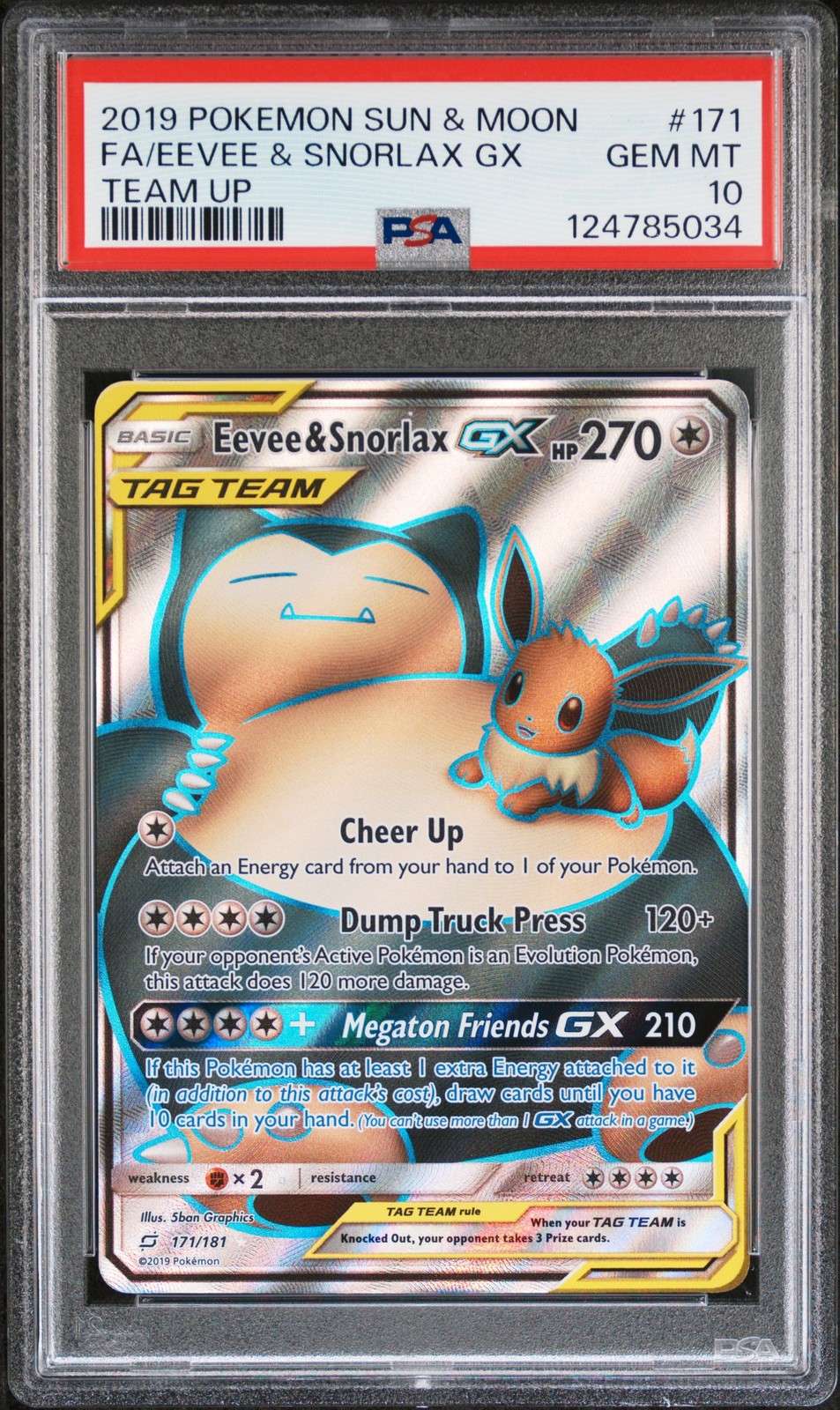 2019 POKEMON SUN & MOON TEAM UP #171 FULL ART/EEVEE & SNORLAX GX PSA 10