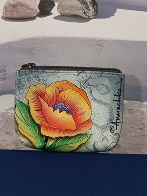ANUSCHKA HAND PAINTED FLORAL LEATHER COIN / KEY PURSE - EXCELLENT