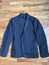 H M Men Navy Tuxedo Black Lapel Trim Slim Cut 36R Jacket 33R Pants 27in Inseam