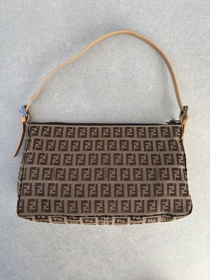 Authentic FENDI Mamma Baguette Zucca Zucchino Canvas & Leather Shoulder Bag
