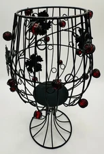 Metal Rustic Wine Glass Shaped Cork Holder Grape Leaves Beads Bronze Finish
