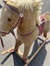 vintage beige corduroy rocking horse, mid-20th century. Wooden rocking base