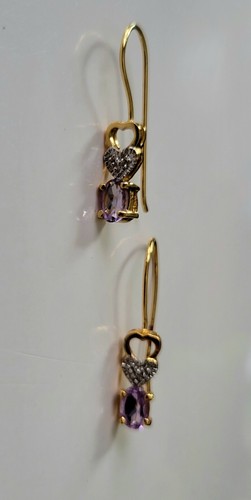 Orecchini pendenti traforati ametista argento 925 placcato oro cuori vintage - Foto 4 di 21