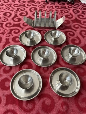Vintage Lot Gense Stainless Toast Holder + Set of 7 Egg Cups made in Sweden MCM