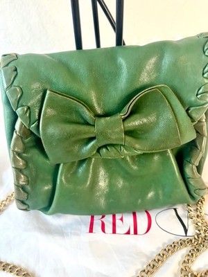 RED Valentino olive green leather Clutch crossbody bow bag with gold metal strap