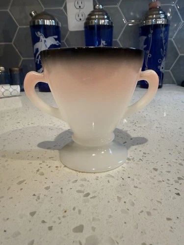 Hazel Atlas Ovide Platonite Pink Black White "Informal" Sugar Bowl MCM Glass