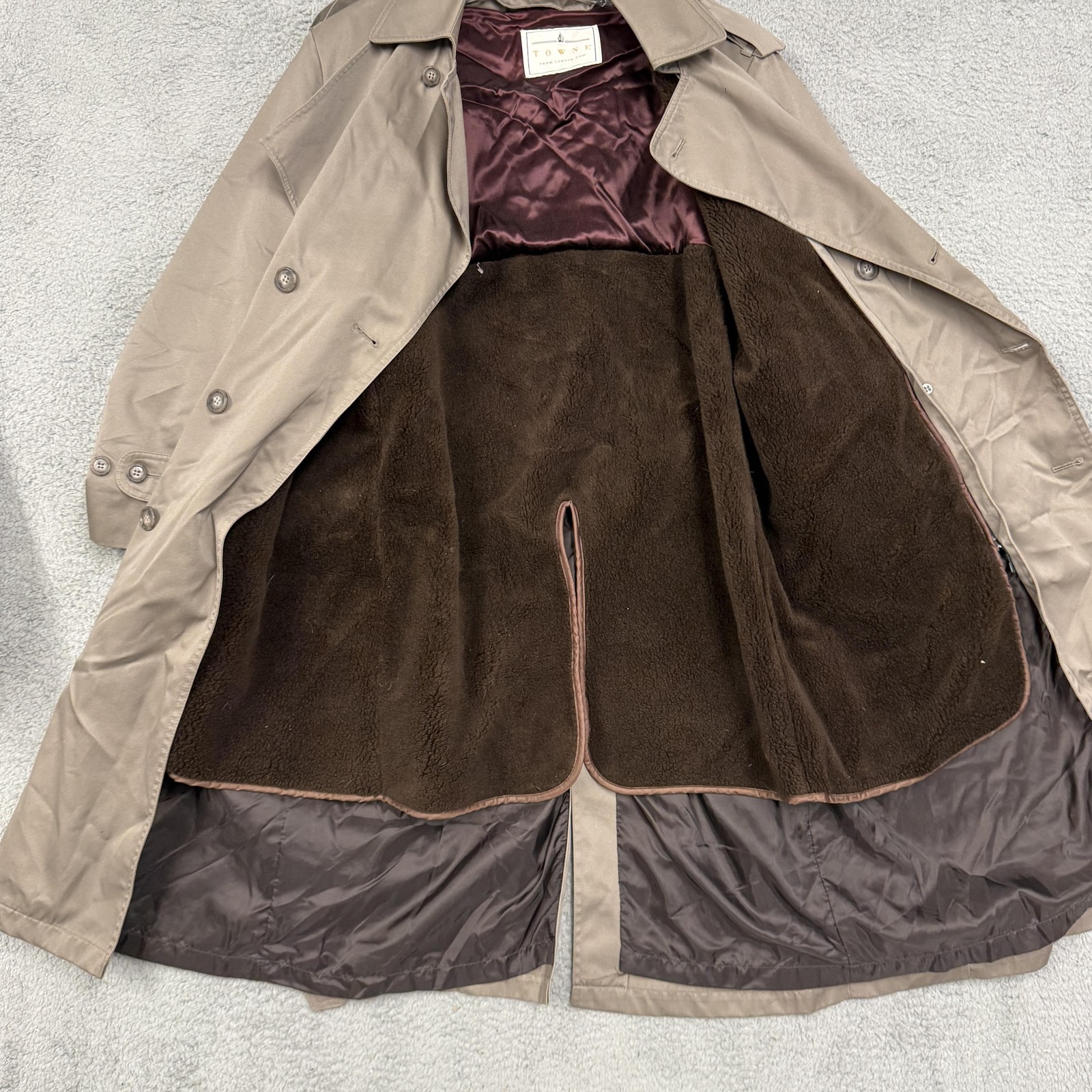 Vintage Towne London Fog Coat Mens 42 Short Tan Rain Trench Belted Lined 80s