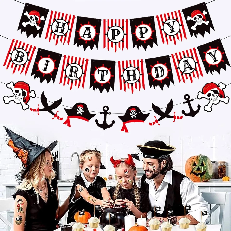 Letrero de guirnalda de feliz cumpleaños pirata rojo negro blanco para niños niñas Foto 3 de 4