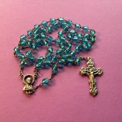 Religious Catholic 18.5  Clear Light Blue Rosary Beads Marked Italy # 671