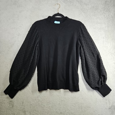 CeCe Women Black Sweater Sheer Embroidered Dot Chiffon Long Balloon Sleeve Sz M 