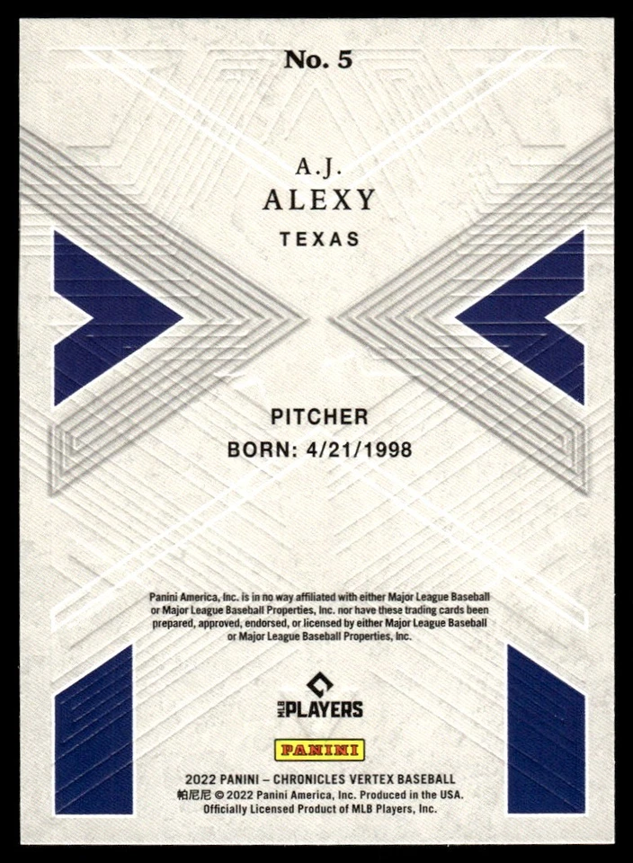2022 Panini Chronicles Vertex A.J. Alexy Texas Rangers #5 - Image 2 of 2