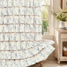 Blue Floral Shower Curtain, Farmhouse Ruffle Shower Curtains for Bathroom, Fr...