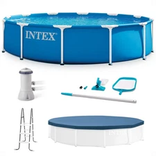 Intex 12 x 2.5 Foot Metal Frame Above Ground Pool with Filter and Accessories