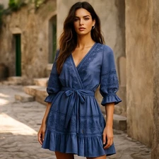 Love The Label Blue Beaded Embroidered Wrap Boho Dress