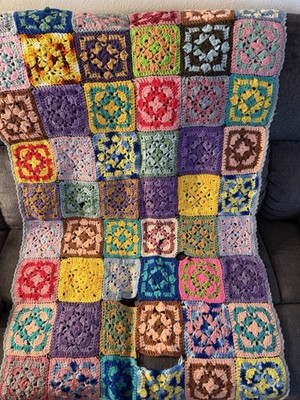 Handmade Crochet Granny Square Blanket 51x33 Multicolor Vintage Style Throw