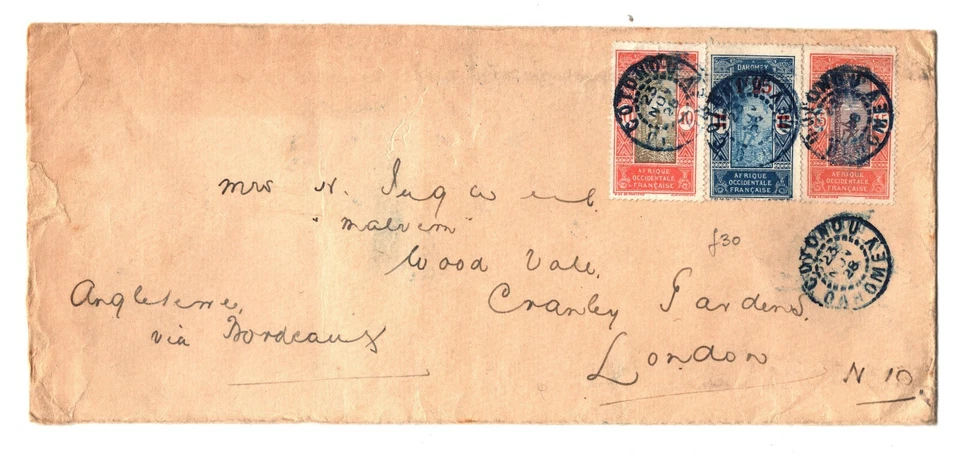 French Colonies DAHOMEY *Cotonou* CDS Cover BENIN London Fine Usage 1928 LA150 - Image 3 of 4