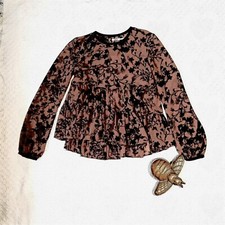 Sale SKIMCHEE BLUE RUFFLED BLOUSE BOUTIQUE JUNIORS FLORAL TAN/BLACK COTTAGECORE