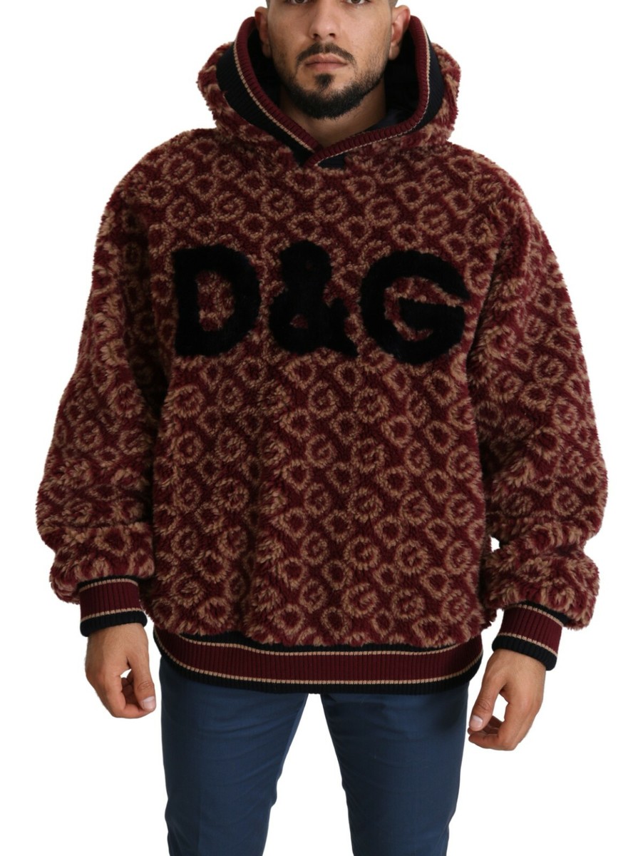 DOLCE GABBANA Sweater Oversize Hooded Red Beige Wool Pullover Mens  IT48 M