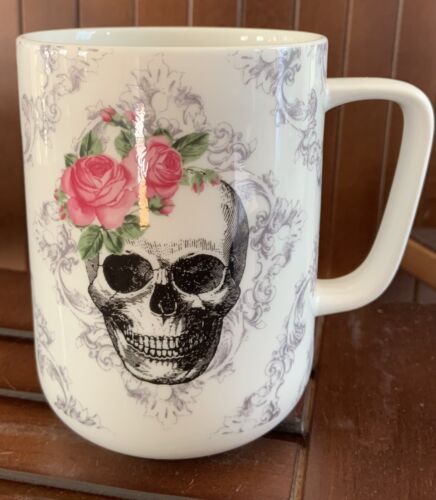 Portobello By Design Halloween Skull With Pink Roses Bone China Mug 4 3/4 Inches - Picture 1 of 11