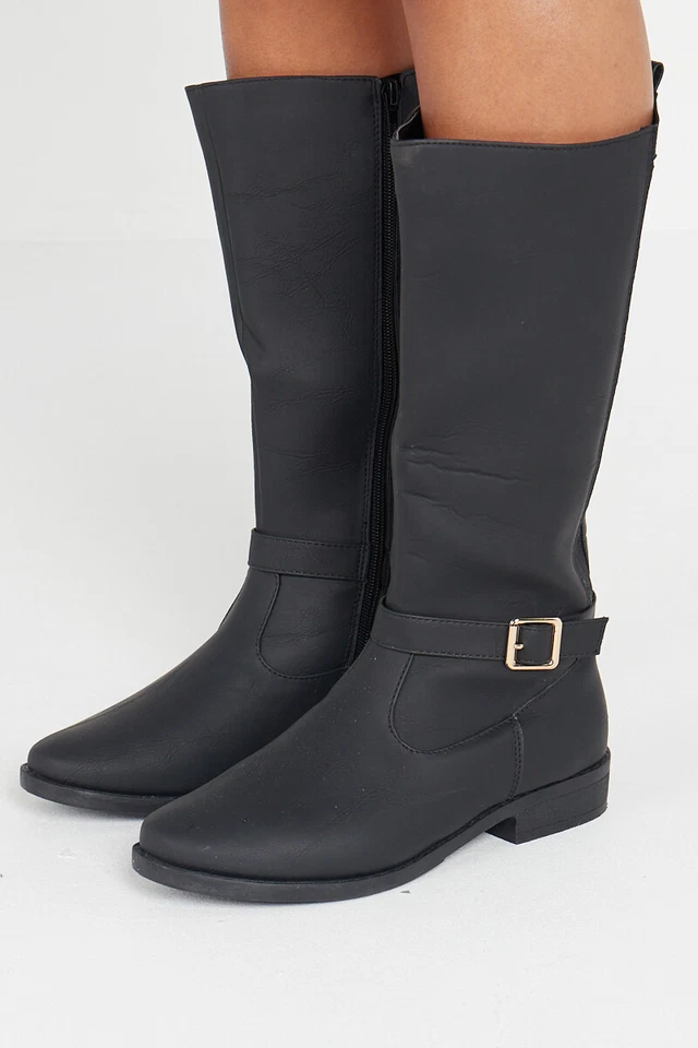 BOTAS DE MUJER SEÑORA TACÓN BAJO CON CREMALLERA MEDIA PANTORRILLA DEBAJO DE LA RODILLA HEBILLA ZAPATOS Foto 4 de 4