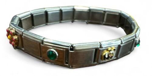 Pulsera Tono Plata Sinfonía 900AR Flor Panda Verde Piedra Elástica #11
