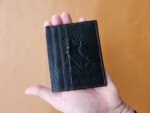 Black 100% Genuine Ostrich Leather Card Holder Real Skin Unisex Wallet Handmade - Picture 6 of 8