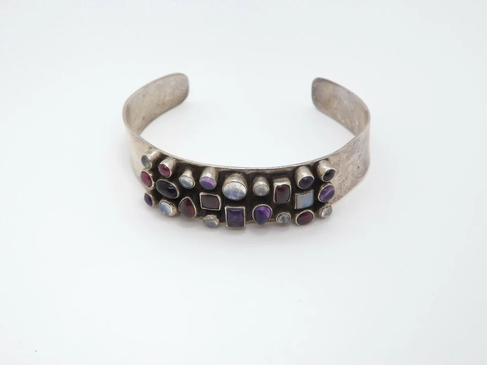 Pulseira de prata esterlina com punho de várias pedras preciosas granada ametista pedra da lua - Imagem 2 de 4