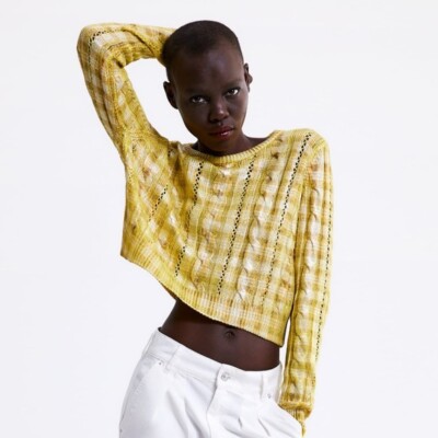 Zara Metallic Effect Cable Knit Sweater Crop Size M Yellow