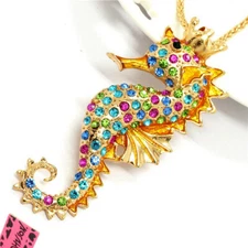New Fashion Women Coloful Enamel Crystal Cute Seahorse Sweater Chain Necklace