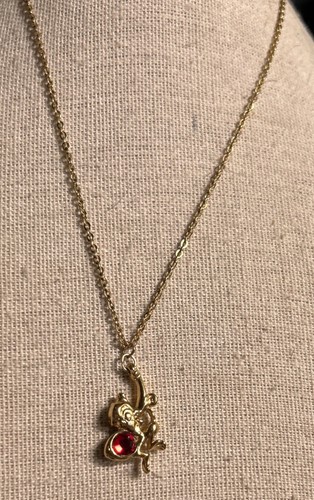 90's Disney Aladdin Abu Monkey Necklace Gold Tone w/Ruby Stone 16"