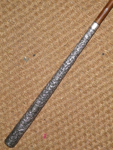 Antique Holly Driving Carriage Whip & Lash - Repousse Continental Silver Handle - Picture 5 of 12