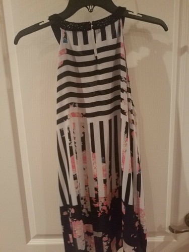 Alfani Sleeveless Blouse Large Asymmetrical printed flowy beaded banded neck EUC - Picture 4 of 8